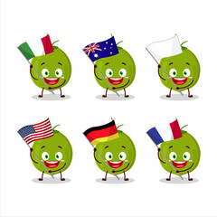 Green coconut cartoon character bring the flags of various countries