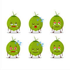 Cartoon character of green coconut with sleepy expression