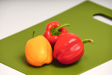 カッティングボードの上にある赤と黄色のパプリカ