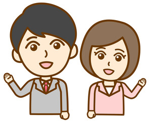 片手を上げて案内誘導するスーツ姿の社会人男女の上半身イラスト