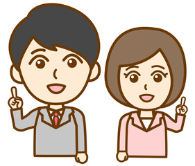 人差し指を立ててポイントを説明するスーツ姿の社会人男女の上半身イラスト