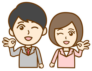 OKのジェスチャーをするスーツ姿の社会人男女の上半身イラスト