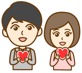 ハートマークを持ったスーツ姿の社会人男女の上半身イラスト