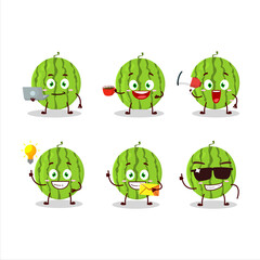Green watermelon cartoon character with various types of business emoticons