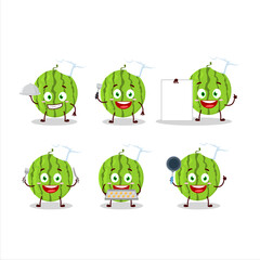 Cartoon character of green watermelon with various chef emoticons