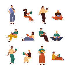 People reading a book icon collection vector design