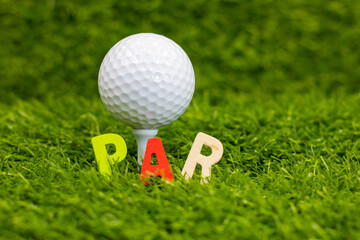 Par word with golf ball behind on green grass, In golf, par is the predetermined number of strokes that a proficient (scratch, or zero, handicap, golfer should require to complete a hole, a round )