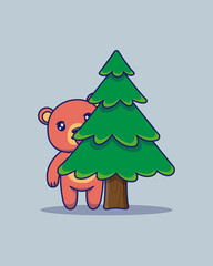 Cute bear hiding behind a tree