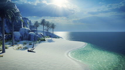 The Sun Shines on The Palm Trees, Sand, Beach, and Cliffs
