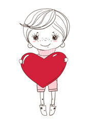 Cute boy is holding a big red heart. Doodle illustration for wedding, Valentine s Day. Children s card, sketch, linear hand drawing. Vector illustration isolated on white background.