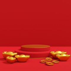 Red podium or display product decorated with Chinese gold coins. 3d render illustration. Happy Chinese new year concept.