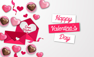 happy valentine's day greeting card banner template with sweet 3d heart shape and envelope love letter