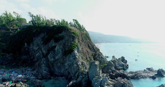 Aerial drone view of Zambrone a typical Calabrian beach famous for being a tourist destination for divers. Crystal clear sea and many biological varieties of animals and fish
