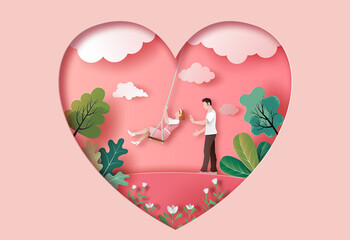Cute couple in love in the park in paper illustration, 3d paper, a lady on a swing, and a man takes care of her.