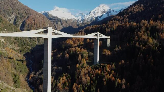 Aerial of the Ganter Bridge "Ganterbr&uuml;cke" in the canton of Valais in Switzerland.It is autumn and the road leads from Switzerland to Italy