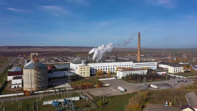 Plant for the production of sugar from sugar beets. Factory. Aerovideo, 4k