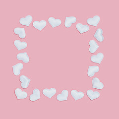 Valentines Day frame from white hearts on pink colored. Greeting card or invitation for wedding cards. Pastel colors.