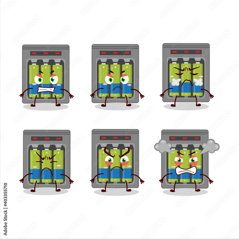 Poster electric battery charge cartoon character with various angry expressions