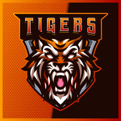 Mad Tigers esport and sport mascot logo design with modern illustration concept for team, badge, emblem and t-shirt printing. Mad Tigers illustration on isolated background. Premium Vector