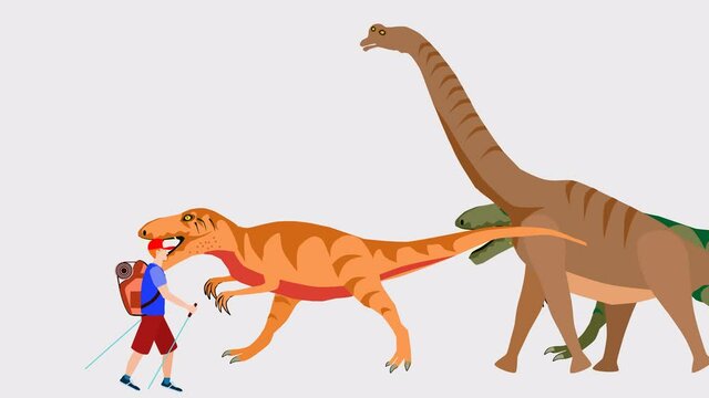 Tourists walk with dinosaurs, 2d animation