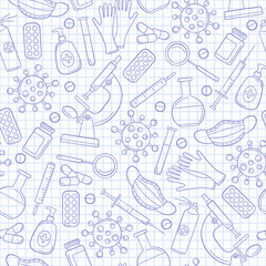 Seamless pattern on the theme of medicine and diseases, medical equipment and viruses, blue  contour  icons on the clean writing-book sheet in a cag