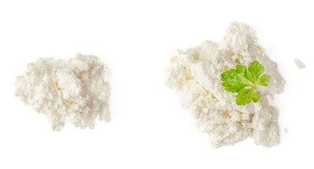Cottage cheese (curd)  isolated on white background closeup. Diary Organic food. Top view. Flat lay.