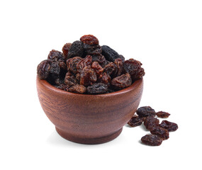 Dried raisins in a wooden bowl isolated on white background
