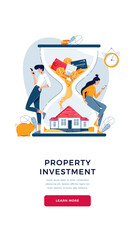 Property investment banner. Couple of investors buy a house, await for generating profit from long-term investing. Make money in property, passive income, cash flow concept. Flat vector illustration