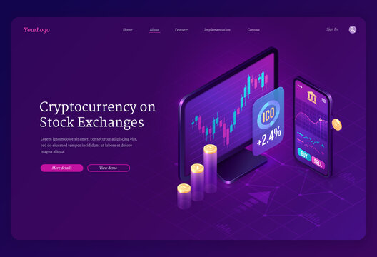Cryptocurrency exchange market isometric landing page. digital money mining, computer and smartphone screen with trading chart. Blockchain technology business solution 3d vector ultraviolet web banner