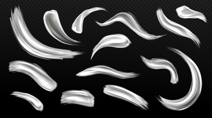 Silver brush strokes, metal paint smears, grey or white colored metallic texture stains. Hand drawing shiny smudges, luxury design elements isolated on transparent background, Realistic 3d vector set
