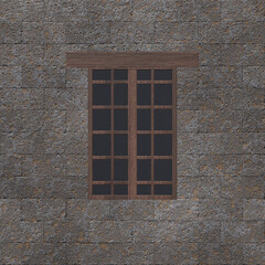 Close-up of a window on a basalt brick facade. Grey brick wall background 3D-rendering