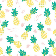 Seamless pattern with hand drawn pineapples in a white background. Simple illustration in a flat style. It can be used for decoration of textile, paper and other surfaces.