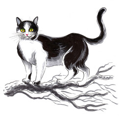 Cat on a tree branch. Ink and watercolor drawing