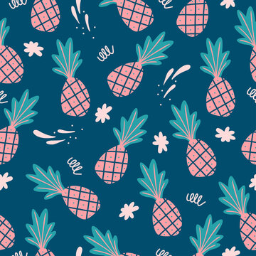 Seamless pattern with hand drawn pineapples in a blue background. Simple illustration in a flat style. It can be used for decoration of textile, paper and other surfaces.