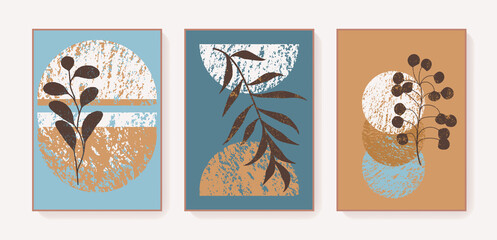 Vector boho style abstract art triptych. Minimal wall decor prints. Bohemian botanical cards. Printable artistic boho wall art home decor. Earth tones neutral colors elegant posters, covers © babayuka