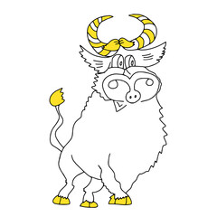 Black and yellow outline hand drawing vector illustration of a bull for Christmas and New year decoration isolated on a white background