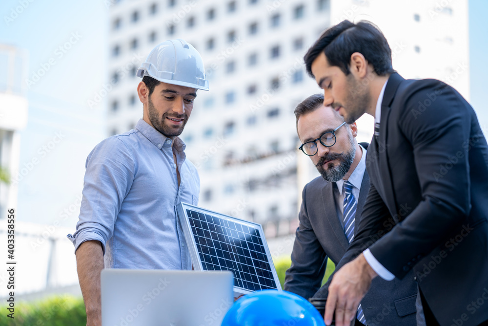 Poster two businessmen discuss about renewable energy solar panels on site new project power solution busin