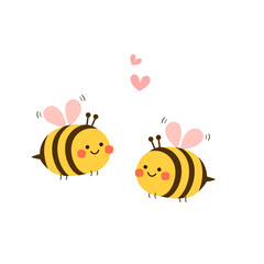 Valentine's day background with cute bee cartoons and heart sign symbol on white background vector illustration.