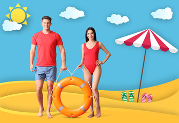 Obraz premium Beach rescuers with lifebuoy at drawn sea resort