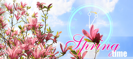 Blossoming magnolia tree with digital clock and text SPRING TIME. Concept of time change