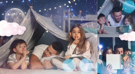 Collage of photos with father and his little children reading bedtime story at home