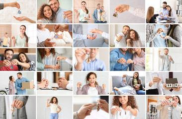 Collage of happy people with keys from new house