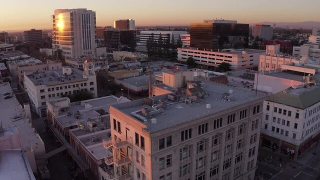 Sunset aerial view of downtown Santa Ana, California, USA.