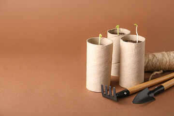 Peat pots with soil and green seedling on color background