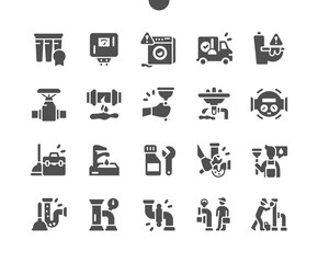 Plumbing elements. Construction of metal piping system. Toilet problems and washer machine problem. Plumber service. Vector Solid Icons. Simple Pictogram