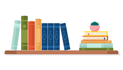 books and potted plants on a shelf. white background. vector illustration flat design.