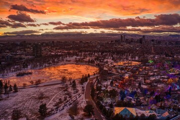 Aerial View of Cherry Creek at Sunset with fresh Snow