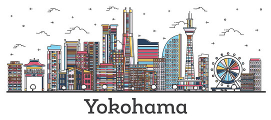 Outline Yokohama Japan City Skyline with Modern Colored Buildings Isolated on White. - obrazy, fototapety, plakaty