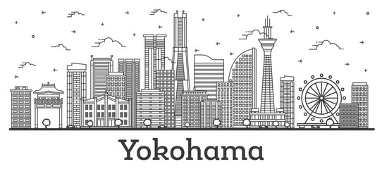 Outline Yokohama Japan City Skyline with Modern Buildings Isolated on White.