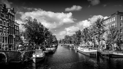 Black and White Photo of Historic Houses along the Brouwersgracht at the intersection with the Herenmarkt in the center of Amsterdam